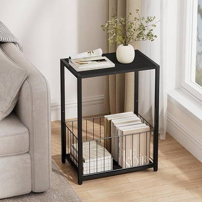 Side Table with Magazine Holder, Record Player Stand with LP Shelf, End Table for Living Room, Bedroom, or Bedside, Easy Assembly, 11" D x 16.9" W x 23.6" H, Black