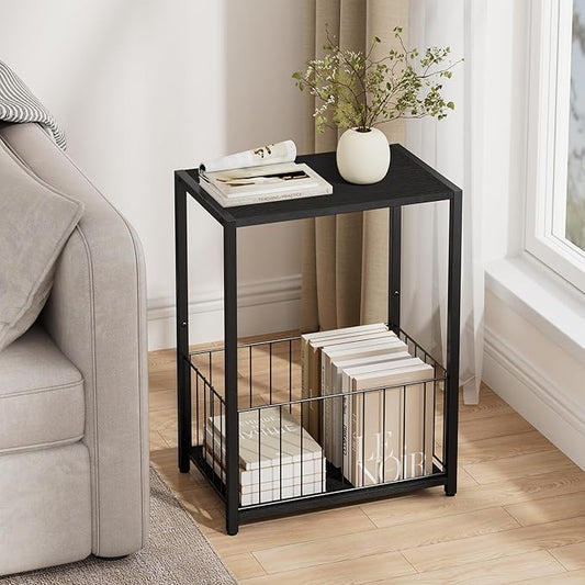 Side Table with Magazine Holder, Record Player Stand with LP Shelf, End Table for Living Room, Bedroom, or Bedside, Easy Assembly, 11" D x 16.9" W x 23.6" H, Black
