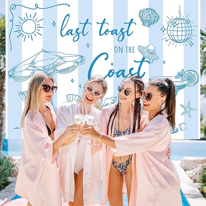 Last Toast on The Coast Backdrop 7 x 5 Ft Summer Beach Photography Background Banner Blue Champagne Bachelorette Party Photo Prop for Bachelorette Bridal Shower Engagement Party Decor