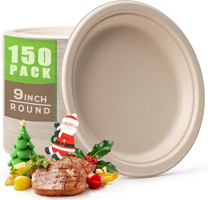 Gezond 150pcs Compostable Paper Plates 9 Inch Disposable Plates Unbleached Heavy Duty Eco-friendly Sugarcane Fiber Biodegradable Plate for Party Picnic
