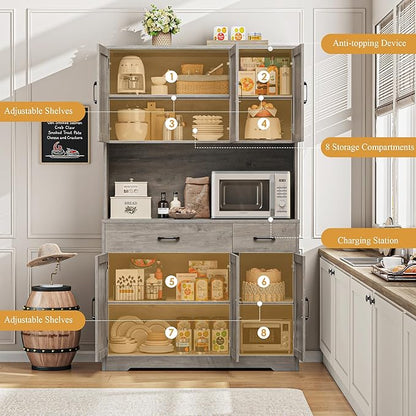 HOSTACK 71" Pantry Cabinet with Charging Station, Tall Kitchen Pantry Storage Cabinet with Microwave Stand, Farmhouse Kitchen Hutch with Storage Drawers for Living Room, Dining Room, Ash Grey