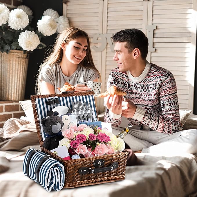 Picnic Basket for 4 with Waterproof Picnic Blanket and Insulated Cooler, Wicker Picnic Set, Willow Hamper for Camping, Outdoors, Photoshoot, or a Birthday, Mother's Day, Wedding Gift, Blue