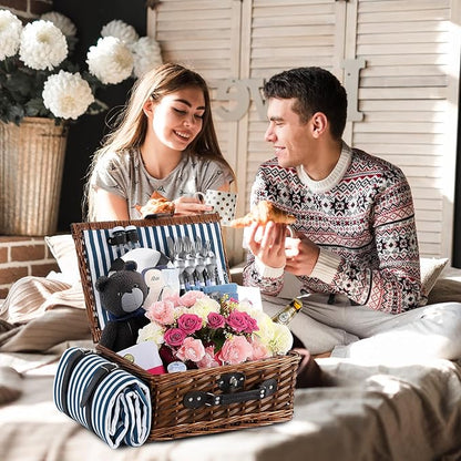 Picnic Basket for 4 with Waterproof Picnic Blanket and Insulated Cooler, Wicker Picnic Set, Willow Hamper for Camping, Outdoors, Photoshoot, or a Birthday, Mother's Day, Wedding Gift, Blue