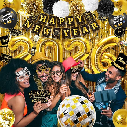 MOVINPE New Years Eve Party Decorations 2026 Black Gold, Happy New Year Party Supplies, Banner Pompoms Number Balloon Fringe Curtain Photo Booth Props Hanging Swirl Squawkers Blowouts