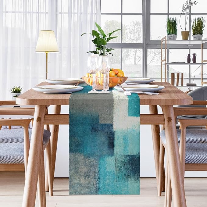 Emvency Farmhouse Table Runner, Modern Teal and Grey Abstract Art Painting for Kitchen Coffee Table Family Dinners Holiday Parties Wedding Events Decor(13x72 inch)