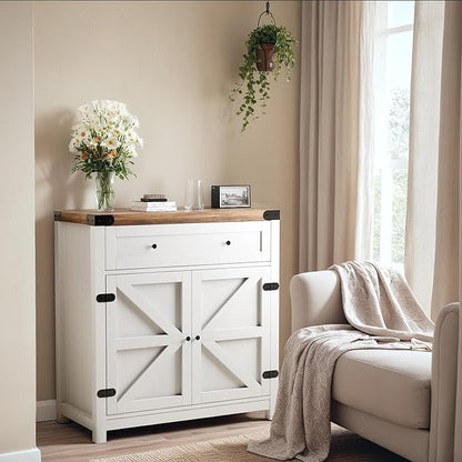YESHOMY Coffee Bar and Accent Cabinet, Farmhouse Barn Door Buffet Sideboard with Drawer and Adjustable Shelf, Wide Desktop for Kitchen, Dining Room, Bathroom, Entryway, White＆Rustic