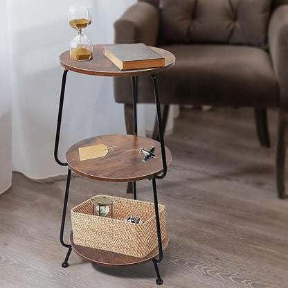 Small Round Side Table, 3 Tier Circular Narrow End Table with Storage Shelf, Round Corner Coffee Table Nightstand, Compact Tea Sofa Table for Living Room Bedroom Small Spaces, Rustic, Vintage, Brown