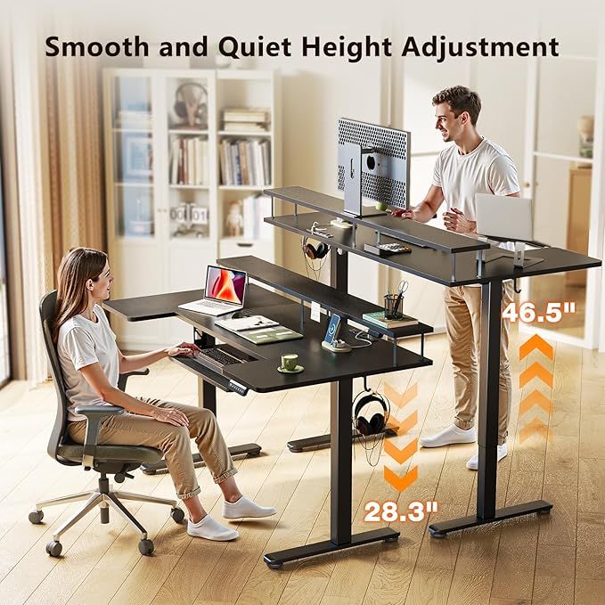 OffiGo U Shaped Electric Standing Desk with Keyboard Tray, 55 Inch Height Adjustable Desk with Power Outlets & LED Lights, Sit Stand Table with Monitor Stand for Home, Office, Black