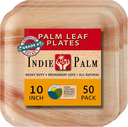 Disposable Palm Leaf Plates - 50 Pack - 10 Inch Square - Compostable & Biodegradable - Heavy Duty, Eco-Friendly, Microwave Safe - Like Bamboo Plates - Perfect for Events & Parties