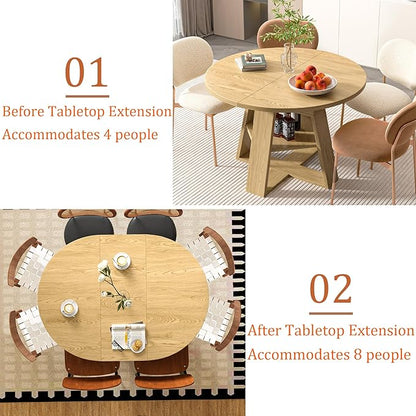43.3in-59in Extendable Round Dining Table for 4-8,Modern Kitchen Oval Dining Table with Removable Leaves Space Saving,Wood Base with Storage Shelf for Kitchen Living Room (Wood Color)