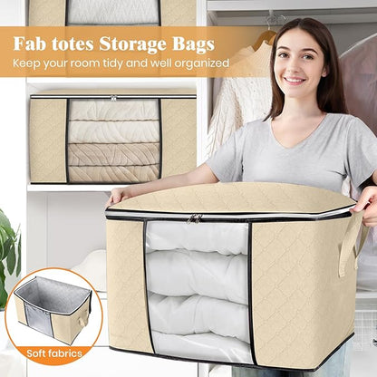 Fab totes 24 Gallons Clothes Storage, Foldable Thick Fabric Blanket Storage Bags, Containers for Organizing Bedroom, Closet, Clothing, Comforter, Organization with Handle (6 Pack,Beige)