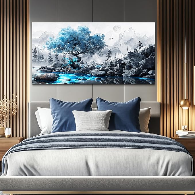 FUHAIHUA Canvas Wall Art For Living Room Large Wall Decor For Office Bedroom Decor Black And White Wall Pictures Artwork Blue Tree Landscape Paintings Ready To Hang Hotel Room Decoration 30x60 In