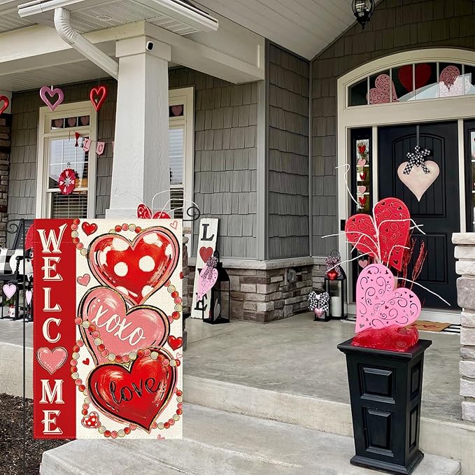 AVOIN colorlife Love Hearts Valentines Day Garden Flag 12x18 Inch Double Sided Outside, XOXO Welcome Anniversary Yard Outdoor Flag