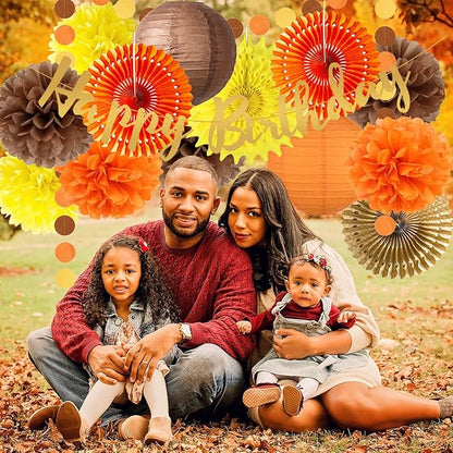 Fall Birthday Decorations Orange Autumn Hanging Paper Fans Orange Brown Yellow Tissue Pom Poms Lantern Circle Dot Garlands Happy Birthday Banner for Baby Shower Fall Harvest Party Decor