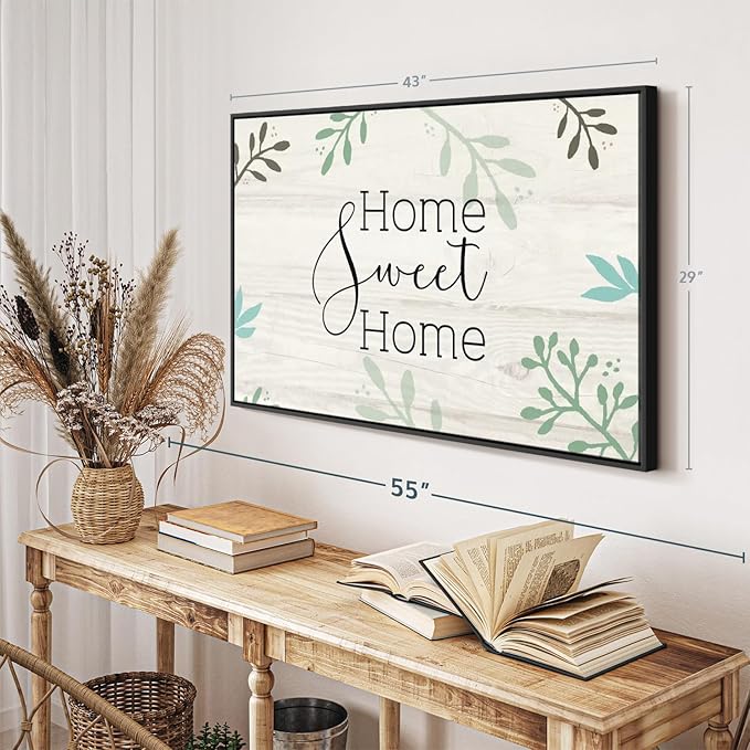 Elephant Stock Home Sweet Home Foliage Wall Art - Horizontal Floating Framed Canvas - 1-Piece Living Room Wall Decor - Leaf Digital Art Canvas Print - Beige and Black Decor for Wall by Susan Jill - 43" X 29"