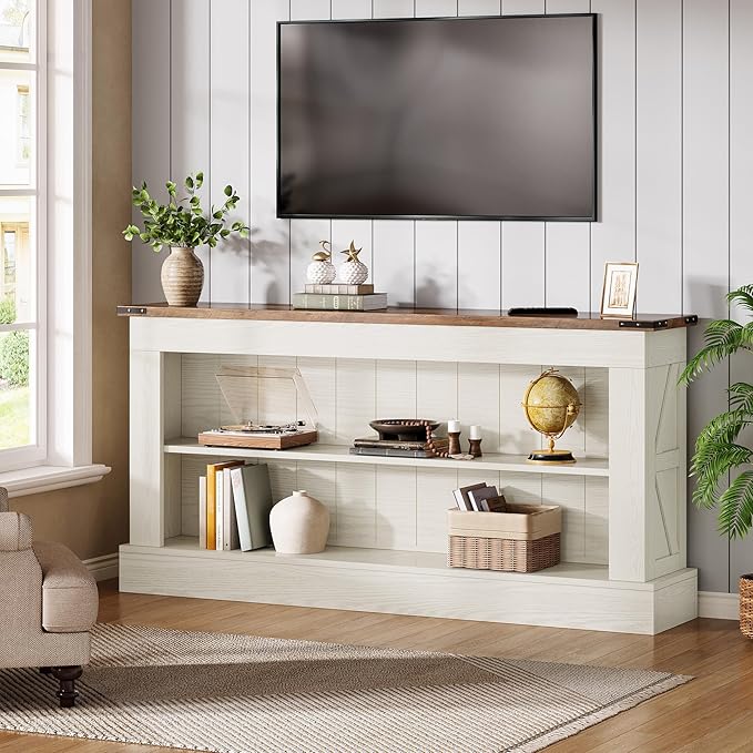 Tribesigns 63-Inch Long Console Table for Entryway, Narrow Long Entry Table with Shelves for Living Room, Farmhouse Sofa Console Behind Couch, for Foyer, Hallway, White and Brown