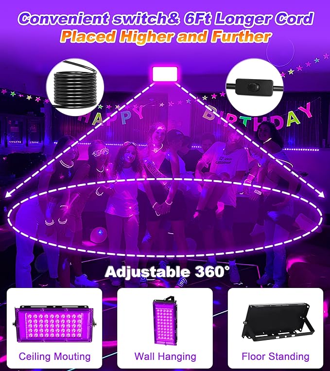 50W LED Black Light IP66 Waterproof,Outdoor Blacklight Flood Light with Plug+Switch+Cord, for Halloween Neon Glow in The Dark Party Body Paint Fluorescent Poster Classroom Club Dance Party, 2 Pack