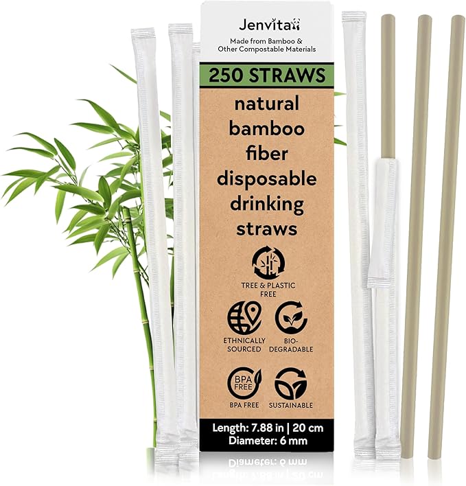 Ibambo Powder Bamboo Straws (250-Pack) - 7.88" Disposable Straws Individually Wrapped | 100% Compostable | Durable & Biodegradable | Made for Hot & Cold Drinks | Perfect for Weddings, Parties & Events
