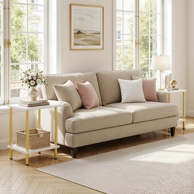 HOOBRO End Table, Small Side Table, Nightstand with 2-Layer Storage Shelves, Sofa Table for Small Spaces, Living Room, Bedroom, Stable Frame, Easy Assembly, White and Gold DW09BZ01