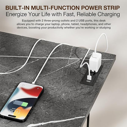 TEMI Small Computer Desk Folding Table - No Assembly, Compact 35.8" Foldable Desk with Power Outlets & USB Charging Port, Portable Small Office Desk, Ideal Mini Study Table, Marble Greige
