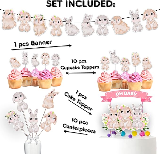 Bunny Party Decorations Set – Oh Baby Rabbit Birthday Supplies with Banner, Cupcake Toppers, Cake Topper & Centerpieces for Baby Shower & Kids