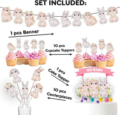 Bunny Party Decorations Set – Oh Baby Rabbit Birthday Supplies with Banner, Cupcake Toppers, Cake Topper & Centerpieces for Baby Shower & Kids
