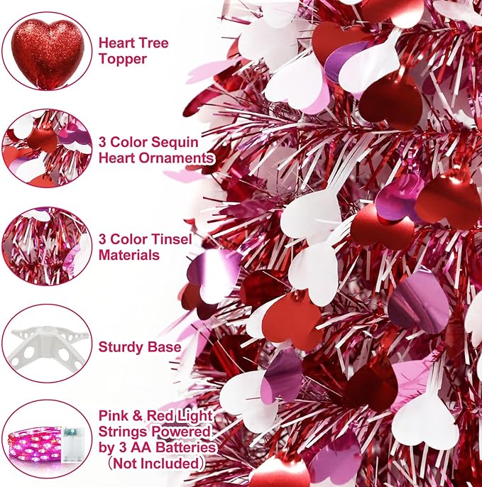 Valentines Day Decorations 5 Ft Valentine's Day Tree with Timer 50 Red & Pink Lights 3 Color Sequin Heart Ornaments Heart Topper Battery Operated Tinsel Pop Up Christmas Tree Home Party Indoor Decor