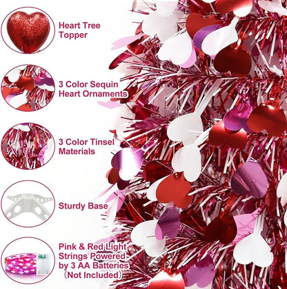 Valentines Day Decorations 5 Ft Valentine's Day Tree with Timer 50 Red & Pink Lights 3 Color Sequin Heart Ornaments Heart Topper Battery Operated Tinsel Pop Up Christmas Tree Home Party Indoor Decor