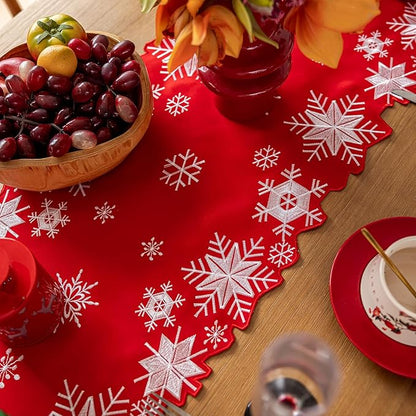 Joyfol Day Christmas Red Table Runner 14 x 69 Inch, Cutwork Embroidered White Snowflake Table Runners, for Xmas Holiday Winter Festival Kitchen Dining Tabletop Decoration