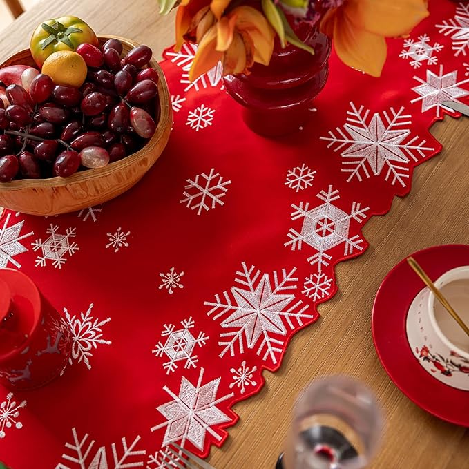 Joyfol Day Christmas Red Table Runner 14 x 33 Inch, Cutwork Embroidered White Snowflake Table Runners, for Xmas Holiday Winter Festival Kitchen Dining Tabletop Decoration