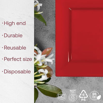 Smarty Had A Party 120 Red Square Plates for Salad 6.5" – Heavy-Duty Disposable Tableware for Weddings – Red Plastic Dessert Plates 120 Guests, High-End, Versatile Look