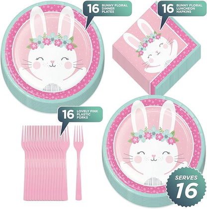 Birthday Bunny Pink Floral Boho Paper Dinner Plates and Luncheon Napkins (Serves 16) - Pink Bunny Boho Party and Baby Shower Tableware