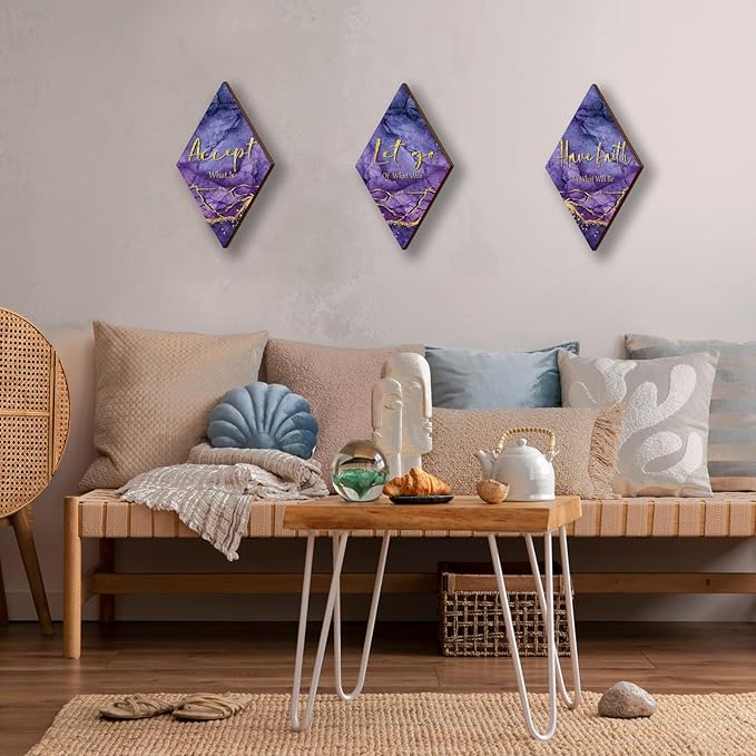 3Pcs Purple And Gold Bathroom Decor Purple Gold Wall Decor with Accept Let Go Have Faith Quote Rustic Farmhouse Wooden Hanging Signs for Women Home Living Room Bedroom(Purple Gold 12x7)
