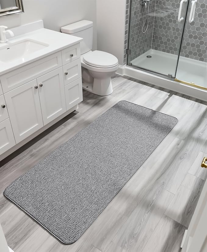 Bath Mat,Ultra Thin Bathroom Runner Rugs,Large Bath Mats for Bathroom,Quick Dry,Non-Slip,Machine Washable,Low Pile,Bath Rug,Shower Outside,Sink,Home Decor Accessories.Grey,2'x5'（24x60inch）