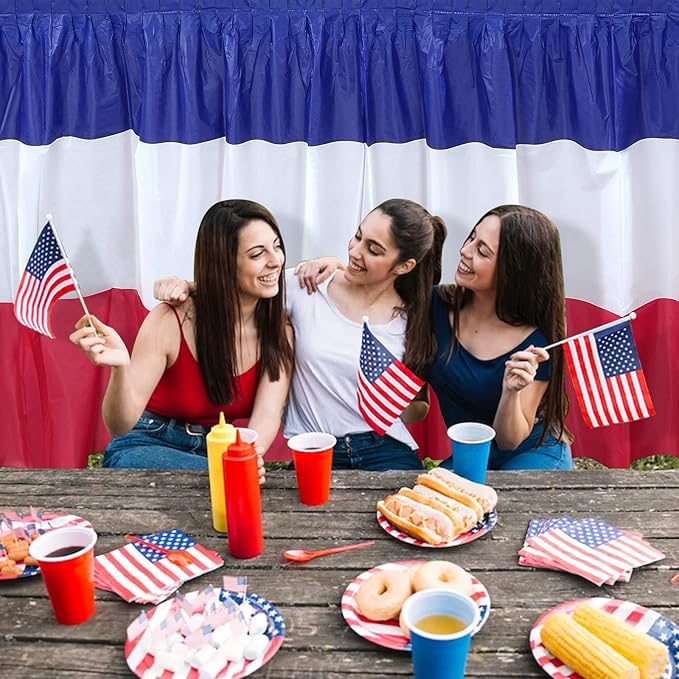 3 Pack 4th of July Plastic Table Skirts Decorations, Red White and Blue Patriotic Disposable Table Skirts, Fourth of July Table Party Decorations for Independence Memorial Veterans Day, 2.4 x 14 Ft