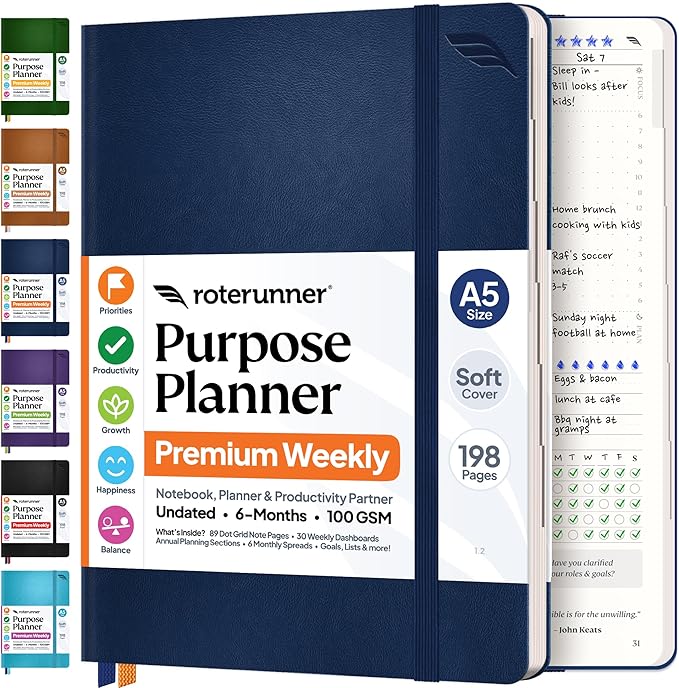 Purpose Planner Notebook A5 5.8”x8.3” Undated 2026 Daily Weekly and Monthly Productivity Goal Setting Tool for Work Home ADHD Planner for Adults Self Care Journal (Navy Softcover)