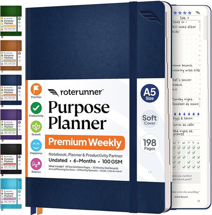 Purpose Planner Notebook A5 5.8”x8.3” Undated 2026 Daily Weekly and Monthly Productivity Goal Setting Tool for Work Home ADHD Planner for Adults Self Care Journal (Navy Softcover)