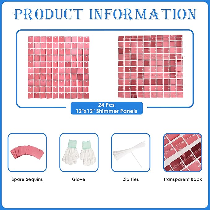 Shimmer Wall Backdrop Matte Pink Square Sequin Wall Panel Backdrop Decor for Wedding, Anniversary, Birthday, Party, 24 Panels