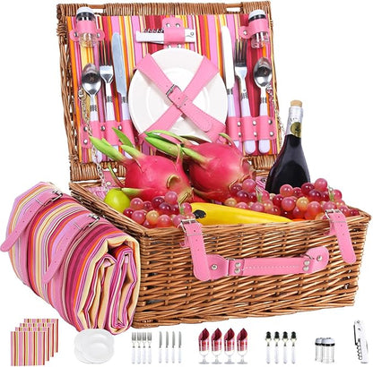 Neti Neti Wicker Picnic Basket for 4 with Insulated Cooler & Waterproof Blanket – Large Willow Picnic Hamper for Outdoor, Camping, Beach, Romantic Dates, Valentine’s Day