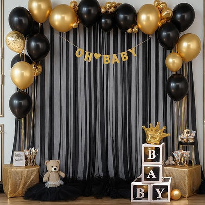 Black Backdrop Curtain Sheer Tulle Backdrop Curtain for Birthday Party Baby Shower Wedding Black Drapes for Backdrop for Photo Booth Photography Background Decorations 2 Panels 5ft X 10 ft