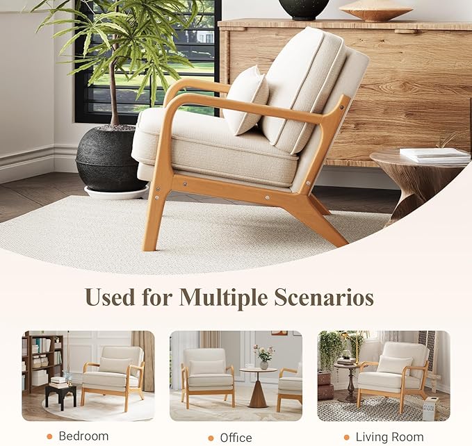 Mid-Century Accent Chair Set of 2 with Solid Wood Frame, Reading Relaxing Armchair Lumbar Pillow& Soft Cushion, Leisure Chair for Living Room, Bedroom, Waiting Room-Beige