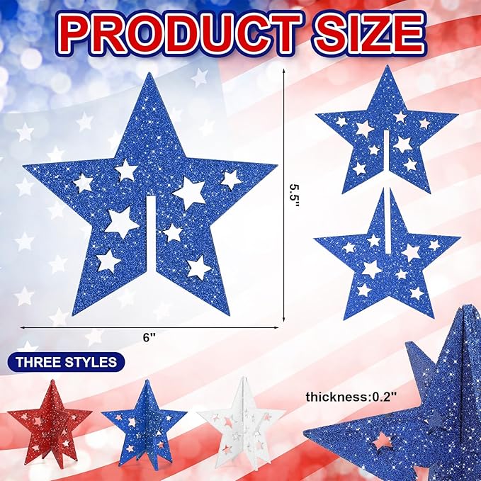 COCHIE 6 Inch Labor Day Decorations Wooden Stars Set, 3D Glitter Star Memorial Day Tiered Tray Decor, 4th of July Red White Blue Patriotic Decoration for Home Table Desk Door Shelf (Cutout, Set of 3)