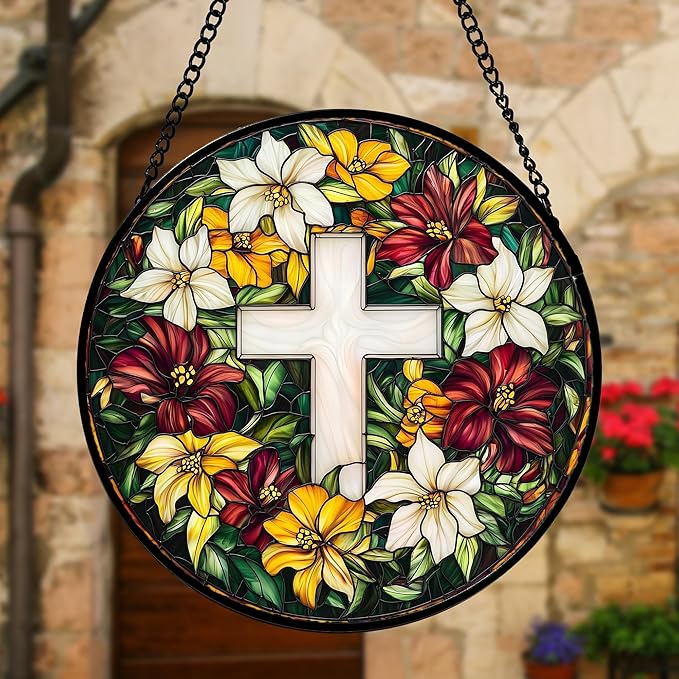 Stained Glass Window Hanging, Cross Flowers Sun Catchers Colorful Glass Panel Christianity Suncatcher Decor for Birthday for Women, Men, Wife, Aunt, and Mom 7.8 in