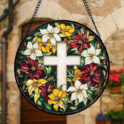 Stained Glass Window Hanging, Cross Flowers Sun Catchers Colorful Glass Panel Christianity Suncatcher Decor for Birthday for Women, Men, Wife, Aunt, and Mom 7.8 in