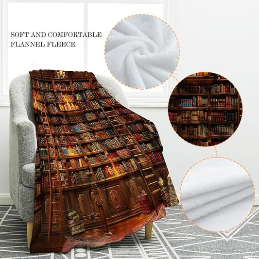 Jekeno Vintage Bookshelf Blanket Gifts for Women Men Kids Girls Boys Husband Dad Halloween Birthday Christmas Library Books Bookcase Candle Decor Bedroom Study Classroom Living Room Throw 50"x60"