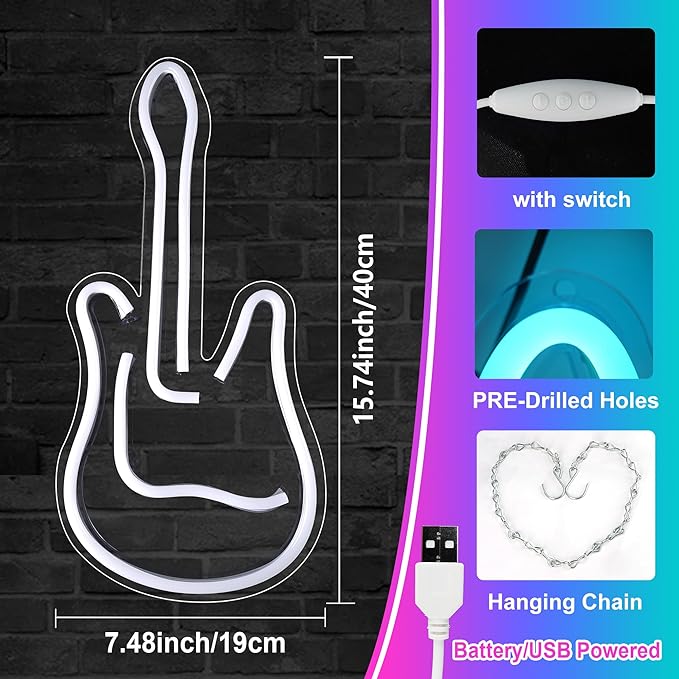 Bedroom Art Guitar Neon Sign Colorful Guitar Decoration Neon Light Christmas Halloween Wedding Valentine's Day Music Festival Birthday Party Bar Club Home Decor, Operated by USB