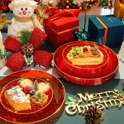 SUT 100Pcs Red Plastic Plates, Hammered Plates Disposable Heavy Duty, Red Disposable Plates With Gold Rim, Fancy Plastic plates Include 50 Dinner and 50 Dessert Plate for Wedding