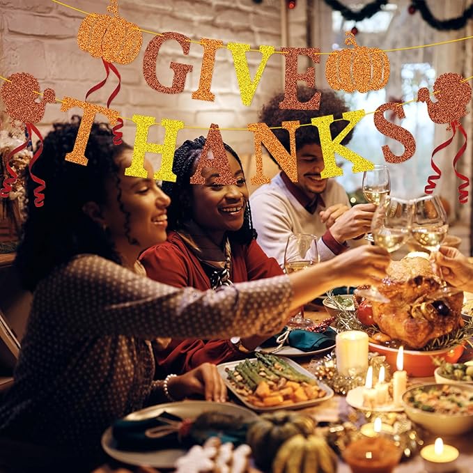 Give Thanks Banner for Thanksgiving Party Fall Thanksgiving Decorations, Outdoor Home Office Classroom Hanging, Decor Gold Orange Yellow Glitter