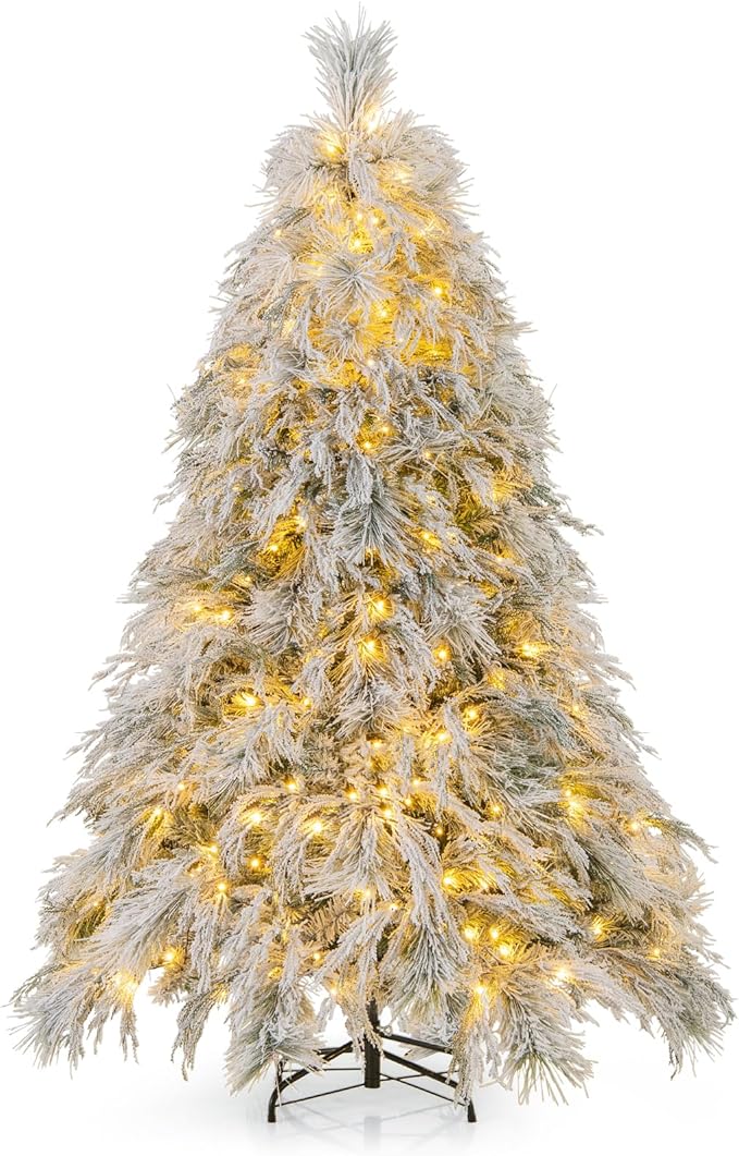 GOFLAME 6ft Pre-Lit Christmas Tree Snow Flocked, Hinged Artificial Xmas Tree with 519 Branch Tips, 250 Warm White LED Lights, Willow Leaves, Holiday Decoration Tree for Home Office Party