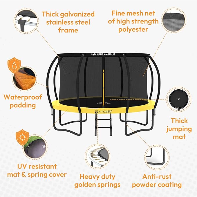JUMPZYLLA Trampoline Outdoor 8FT 10FT 12FT 14FT 15FT 16FT with Enclosure and Ladder, ASTM Approved Recreational Trampoline for Kids and Adults, Anti-Rust Coated Frame